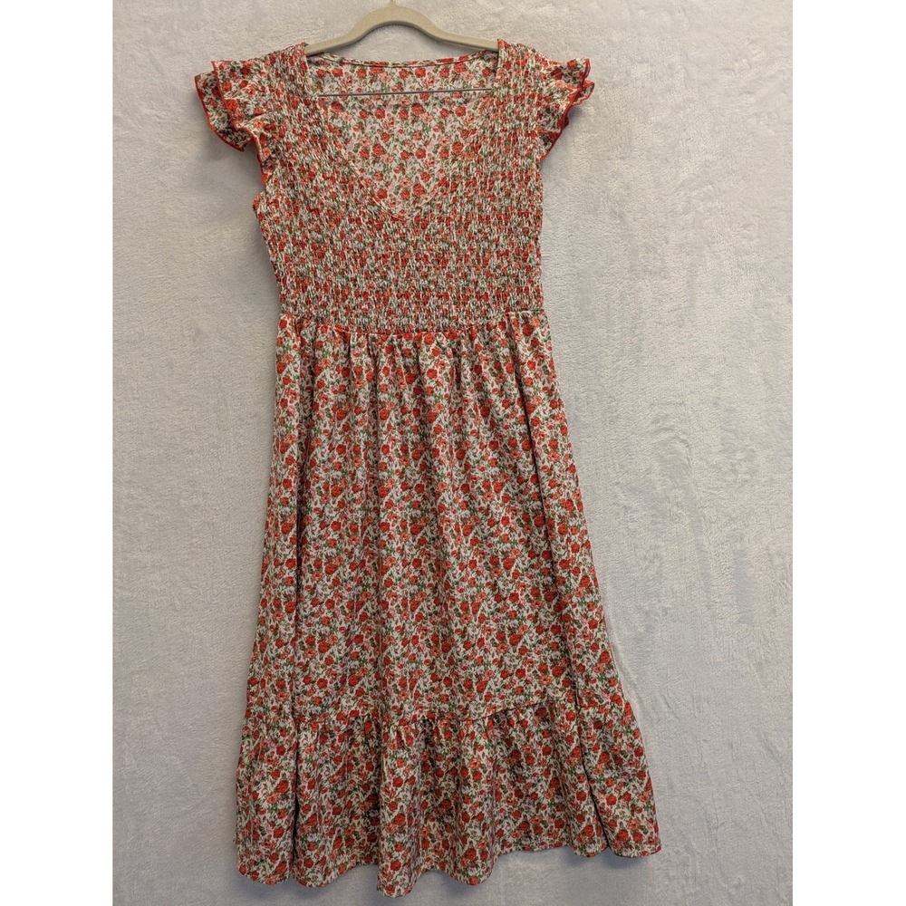 Shein Red Floral Smocked Midi Dress‎ Women's Size S Square Neck Cottagecore